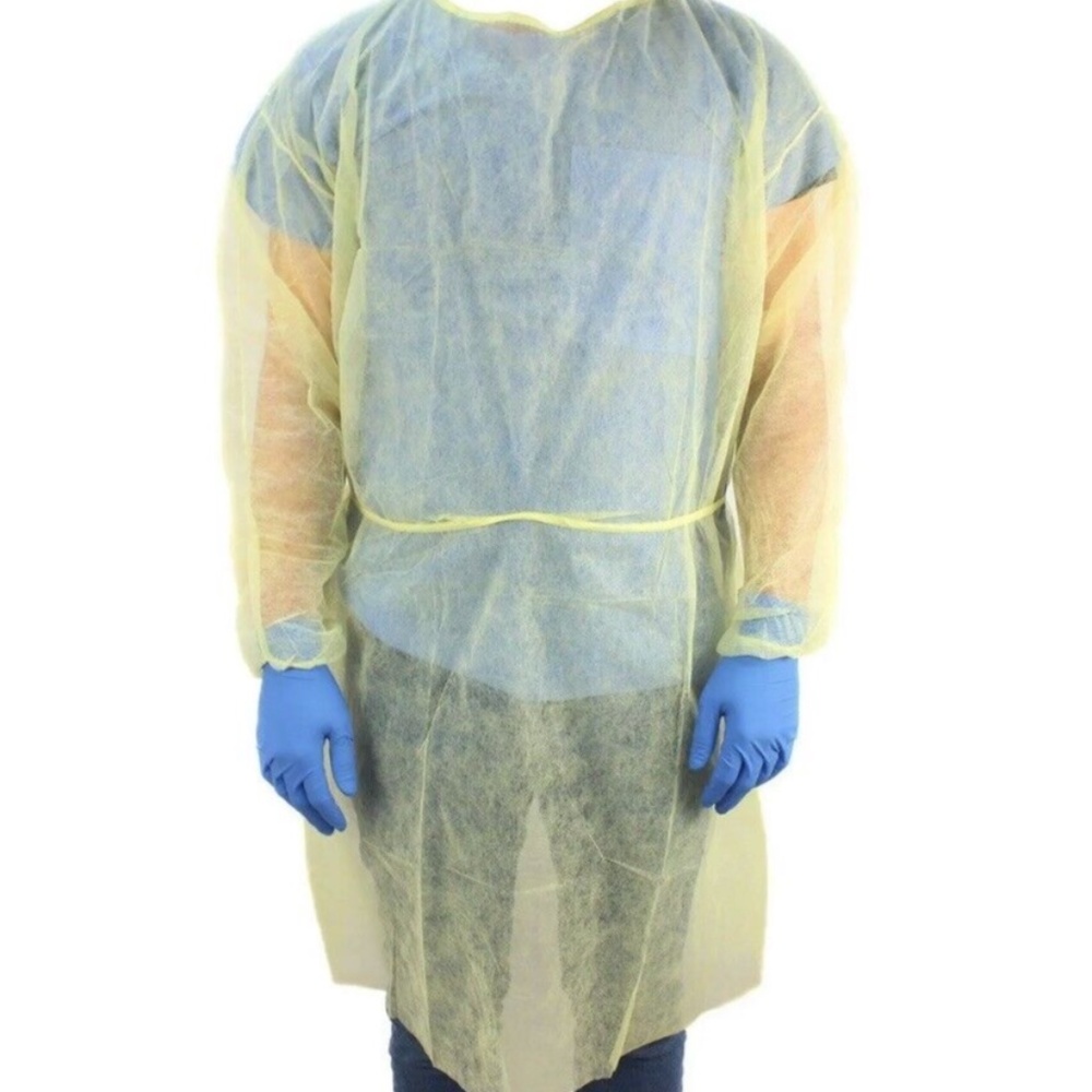 Disposable Gowns Full Back Yellow 10 Per Bag Elastic Cuffs Neck & Waist Ties